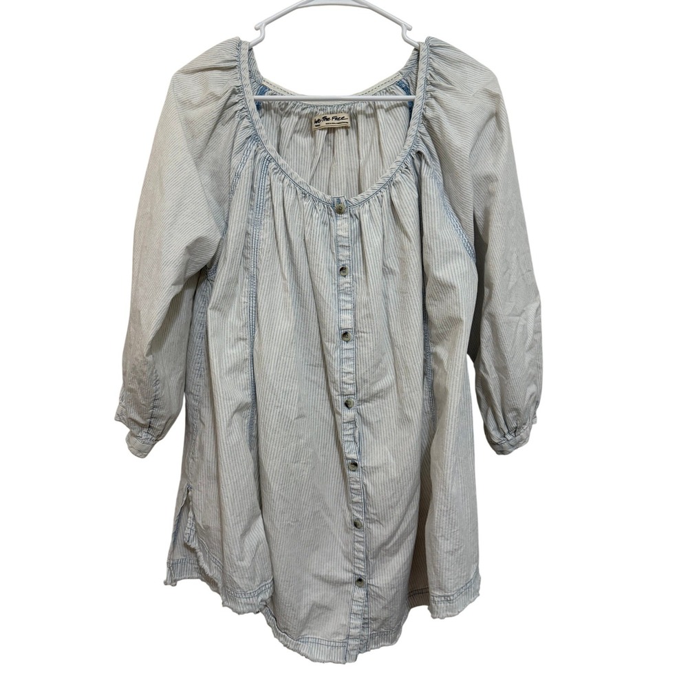 We The Free Women Tunic Small Blue White Pinstripe Button Front Boho Coastal